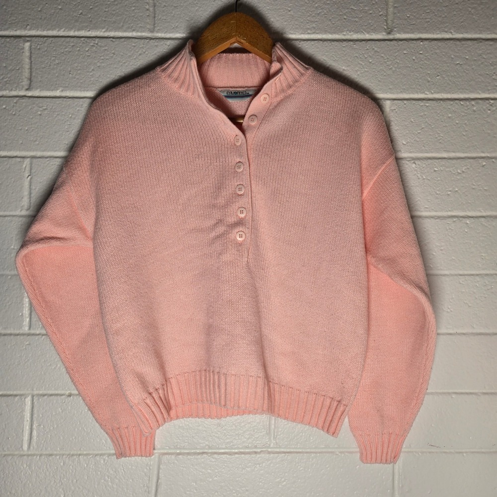 Vtg Favorites Powder Pastel Pink Henley Sweater Large Knit Mock Neck 90s Preppy